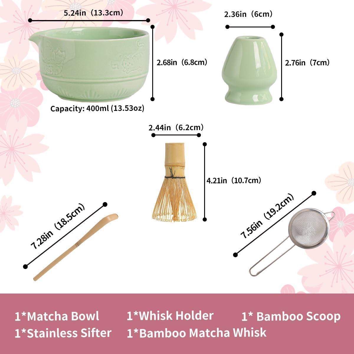 Matcha Tea Set, 5-Piece Ceramic Matcha Bowl & Whisk Kit with Cute Cat Pattern, Traditional Japanese Chawan, Scoop & Sifter, Perfect for Tea Ceremony, Gift for & Tea Lovers (green)