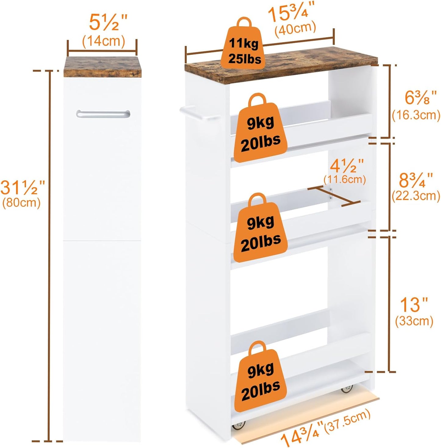 TEAMIX 4 Tier White Slim Storage Cart with Handle, Slide Out Storage Rolling Utility Cart Mobile Shelving Unit Organizer Trolley for Small Spaces Kitchen Laundry Narrow Places