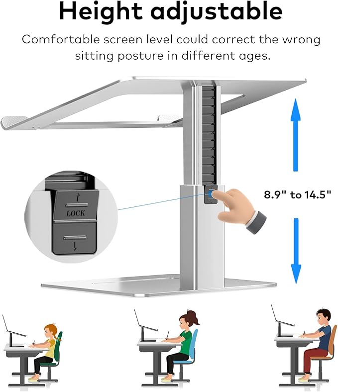Laptop Stand for Desk, Ergonomic Aluminum Laptop Stand Adjustable Height from 7-15", Sitting and Standing Laptop Riser for 10-17" Notebook (Silver)