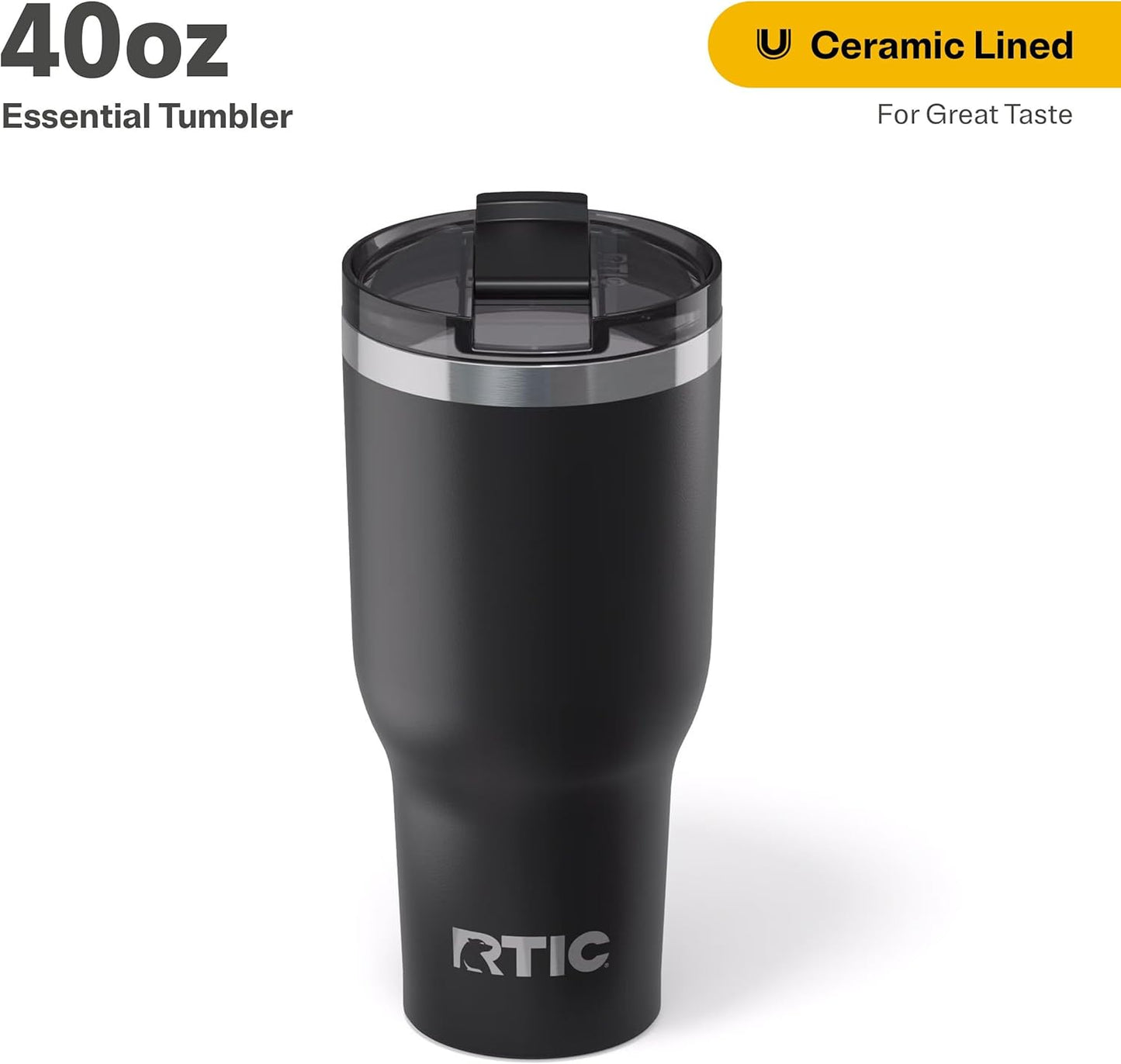 RTIC 40oz Essential Tumbler with Lid, Ceramic Lined, Insulated, Stainless Steel, Metal, Double Wall Vacuum-Insulation, Travel Cup for Iced Coffee, Tea, Hot and Cold Drink, Black