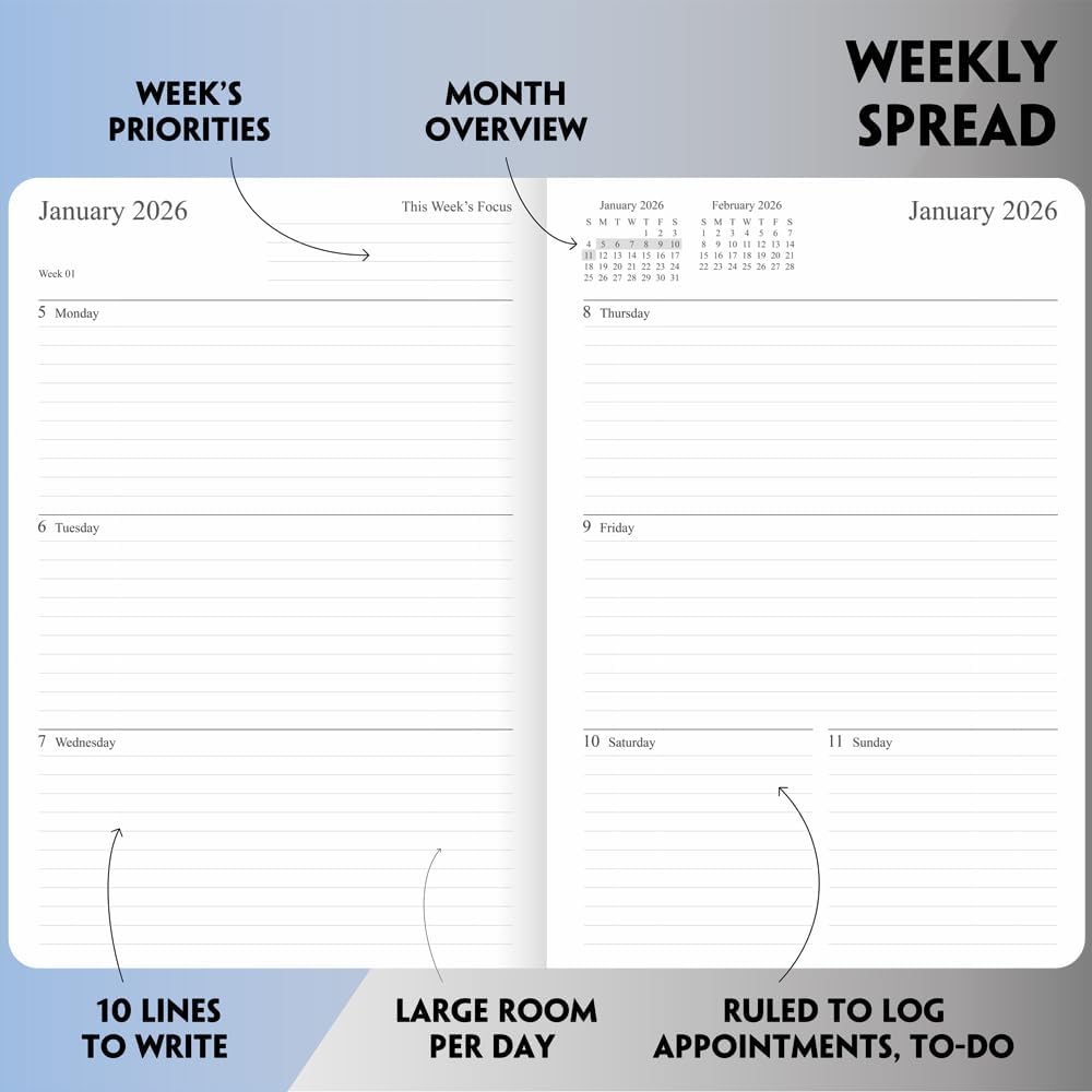 2025-2026 Planner - Weekly and Monthly Planner, Oct 2025 - Dec 2026, Holidays, Contacts and Notes Pages, Vegan Leather Cover, Elastic Closure, 5.5”x8.25”, Grey