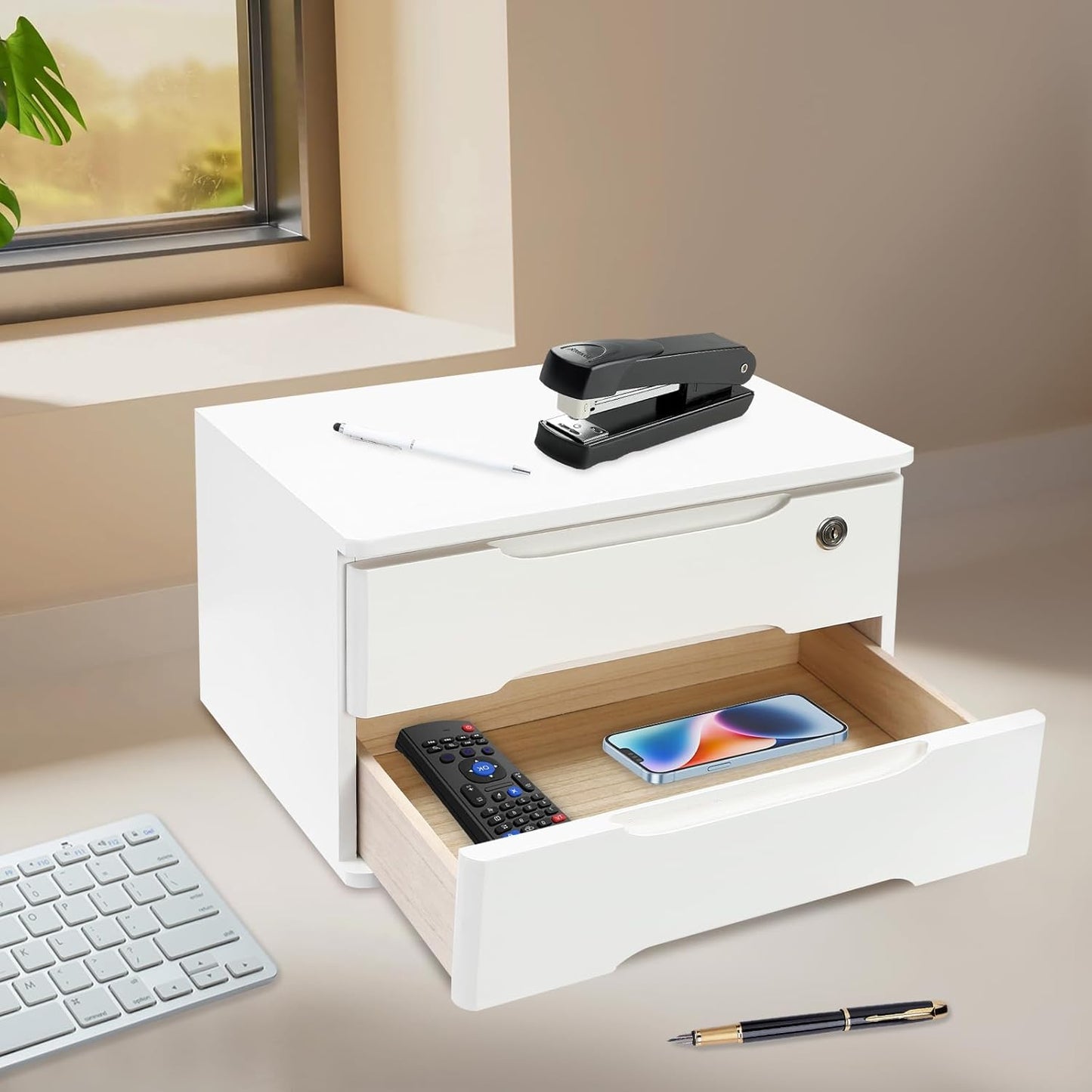 2-Tier Wooden Desktop Storage Box Desk Organizer with 2 Drawers and Lock Countertop Drawers Organizer for Office Supplies File Paper Cosmetic Jewelry, 15.4x11.8x8.5 in (White)