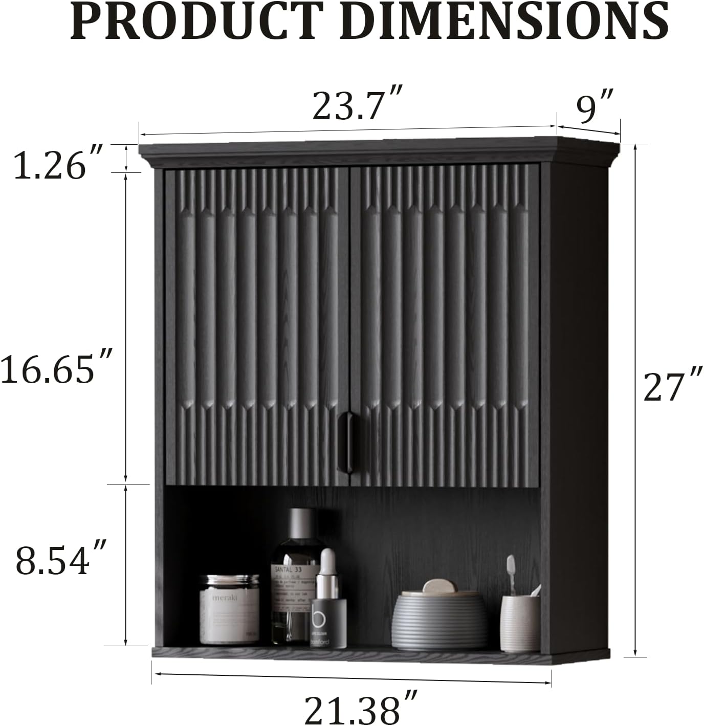 FLOWBACK Wall Mount Bathroom Cabinet, Wooden Medicine Cabinet Storage Organizer with Fluted Doors and Adjustable Shelf, Over The Toilet Space Saver Storage Cabinet (Black)