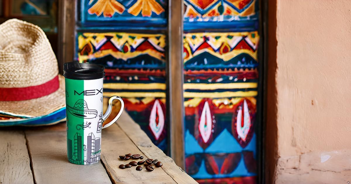 Mexico Vacuum Insulated Stainless Steel Thermal Travel Mug, 16 oz, Easy Clean, Flip leak Proof Lid Mexican Flag with Icons from Mexico…