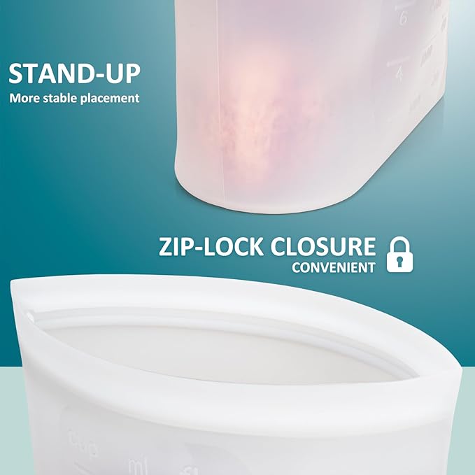 Extra Large Reusable Silicone Food Storage Bags 4 Pack, 0.8 Gallon/3000ml, 100% Silicone Stand-Up Wide-Open Zip-Lock Reusable Bags for Large Items, Microwave Freezer Oven Dishwasher Safe, Translucent