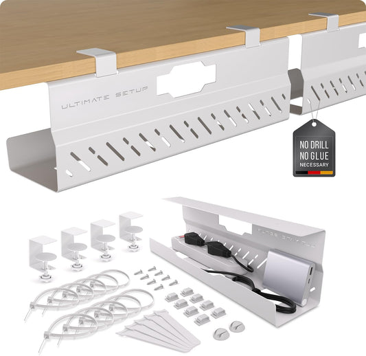 Under Desk Cable Management Tray no Drill – Wire Management - Cord Organizer – Huge Load Capacity – Under Desk Cable Tray no Drill (White, 2 Pieces Set)