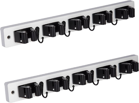 2 Pack Broom Holder Wall Mount With 5 Slots & 4 Hooks，Rustic Wood Broom & Mop Hanger，Wall Mounted Garden & Garage Tool Storage Organizer Rack for Closet Laundry Room or Kitchen Wall Decor White