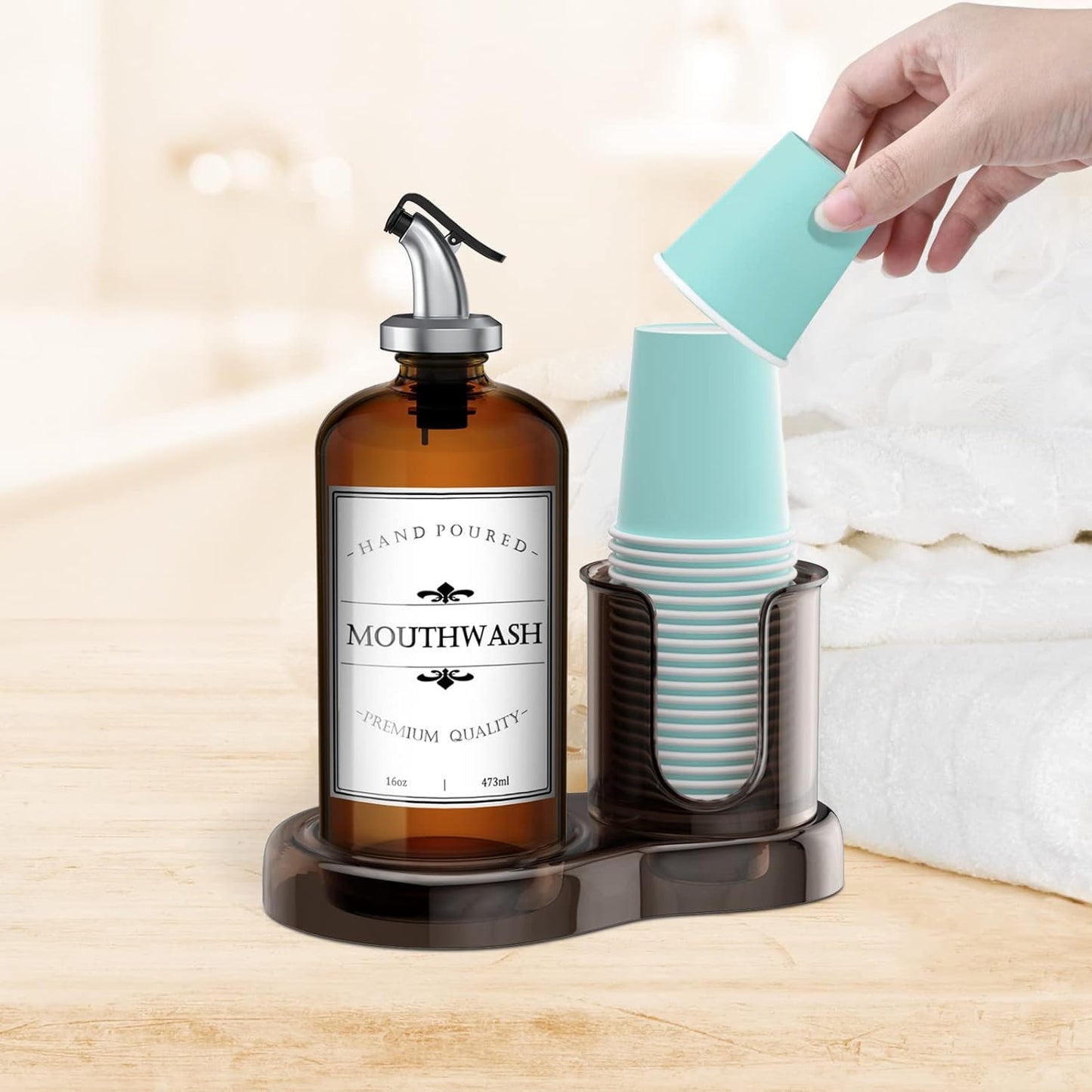 Amber Glass Mouthwash Dispenser with Cup Holder for Bathroom, 16oz Refillable Mouthwash Bottles Container with Tray, Funnel and 2 Waterproof Labels