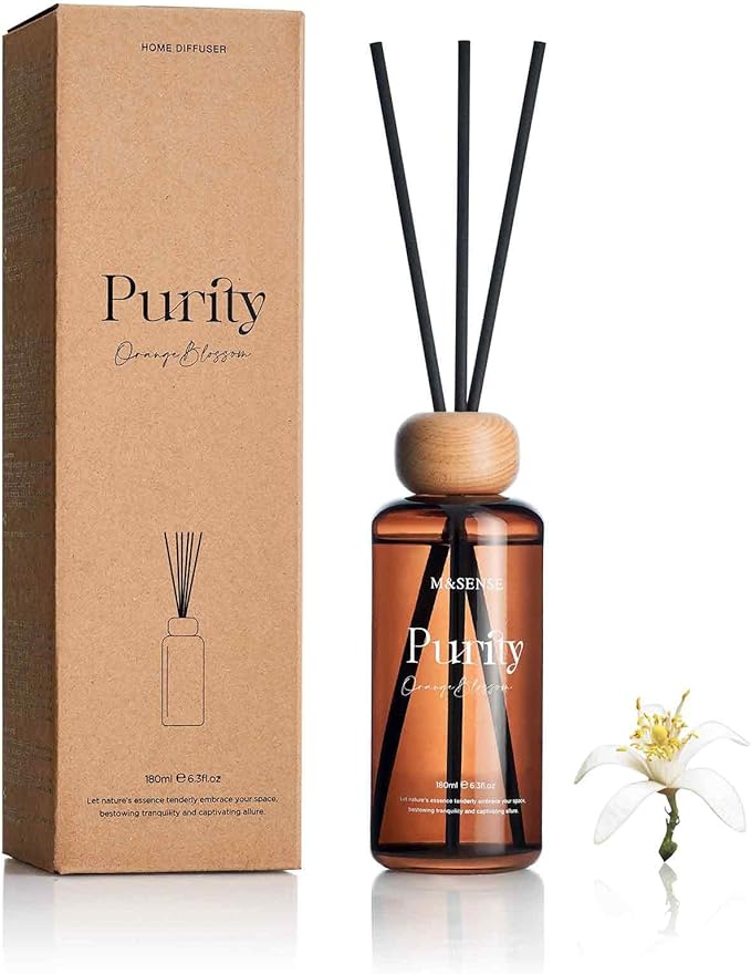 M&SENSE Orange Blossom Reed Diffuser: 6.3 fl oz Non-Toxic Aroma Set with Sticks, Light & Subtle Fragrance, Long-Lasting Natural Essential Oil Gifts for Bedroom, Shelf Decor & Small Spaces
