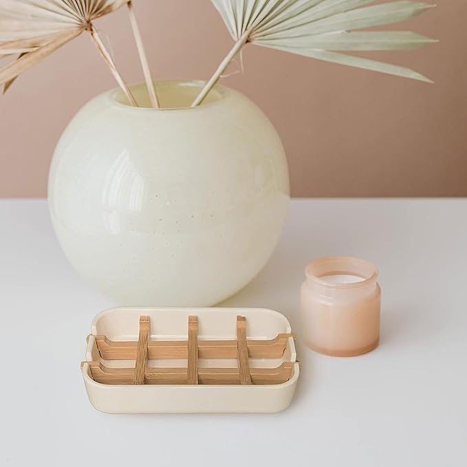 Aoheuo Modern Bamboo Fiber soap Holder and soap Dish Combination (Removable), Off White, 5.12 Long by 3 Wide, 0.98 inches high, Used in Kitchens, bathrooms, and bar Sinks