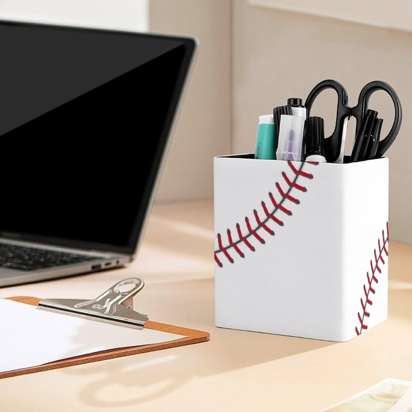 Square Pen Holder & Pencil Organizer for Desk - Office Storage Organizer, Markers/Makeup Brushes/Scissors Holder, Compact Desk Decor Accessories for Home Classroom School(Baseball Design)