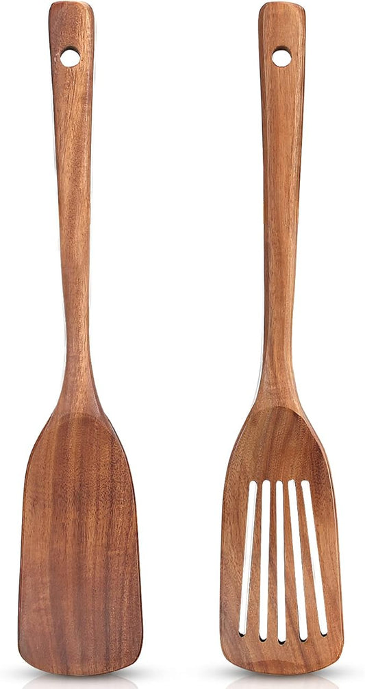 2 Pack Wooden Non Toxic Spatulas for Kitchen Utensils Set Acacia Wood Cooking Spatula Flat Wok Pancake Turner Bamboo Slotted Spoon for Cooking Utensil Spurtle Scraper Long Fish Egg Flipper Spatulas