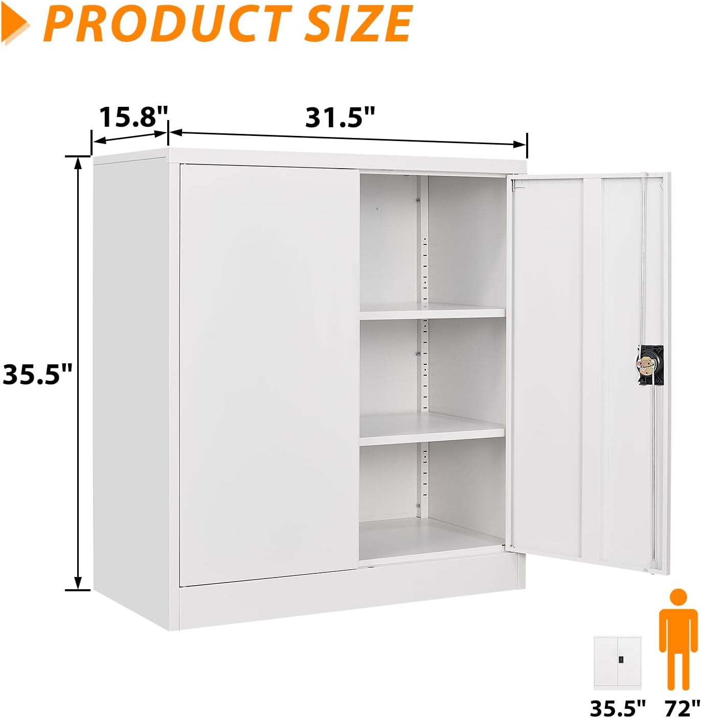 Metal Storage Cabinet, Lockable 2-Door 3-Shelf Cabinet, White, 31.5"W x 15.8"D x 35.5"H, Office, Garage, Home