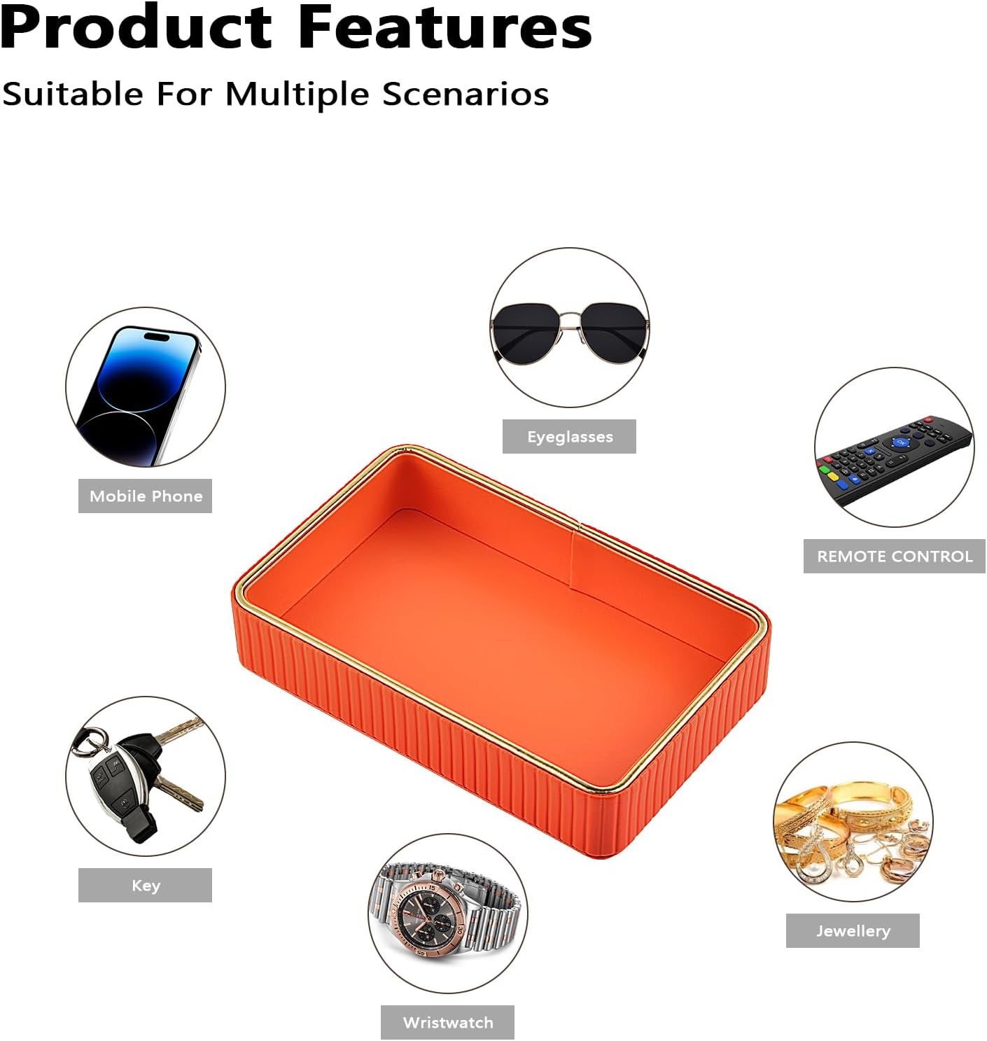 PU Leather Valet Tray,Desk Organizer Tray Nightstand Organizer Trinket Dish Storage Key Bowl Decorative Trays for Phone Wallet Jewelry Watch Bathroom Bedroom Perfume Vanity Trays,Orange