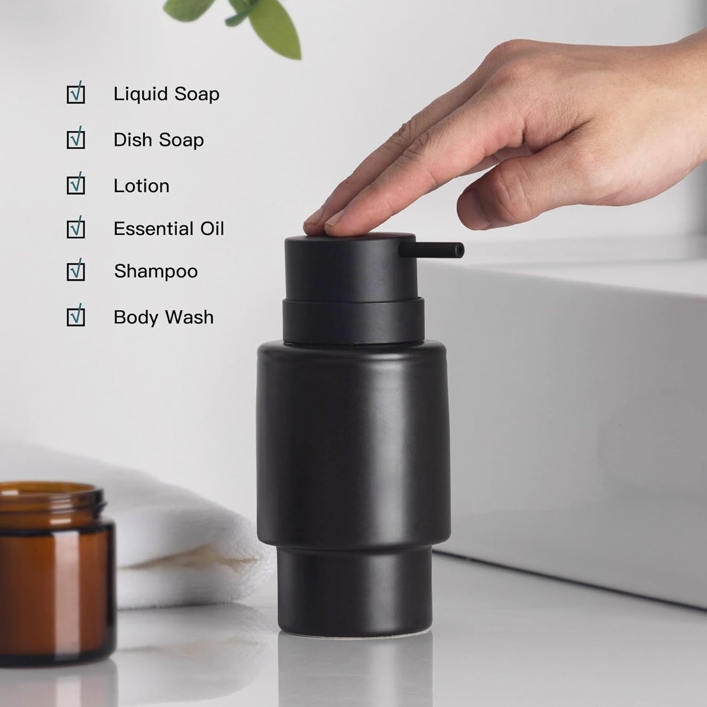 Fun Elements Black Soap Dispenser, 12oz Luxury Bathroom Soap Dispenser, Creamic Liquid Dispenser for Bathroom, Modern Minimalist Style