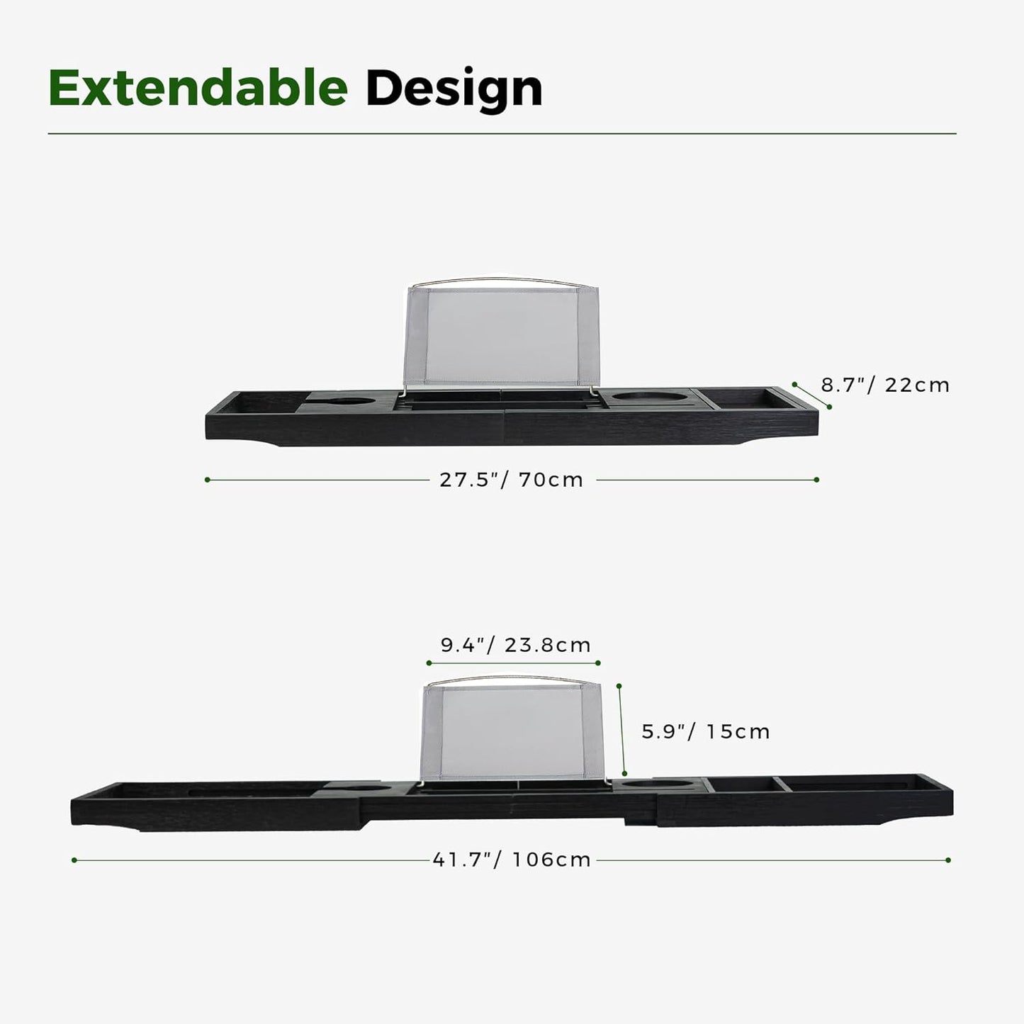 Utoplike Bamboo Bathtub Tray Caddy, Black Bath Tray Table for Tub, Adjustable Bathroom Organizer with Book Tablet Wine Glass Cup Towel Holder