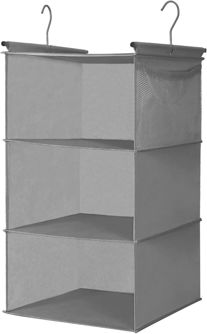 MAX Houser 3 Tier Shelf Hanging Closet Organizer, Closet Hanging Shelf with 2 Sturdy Hooks for Storage, 2 Pack, Foldable (Grey)
