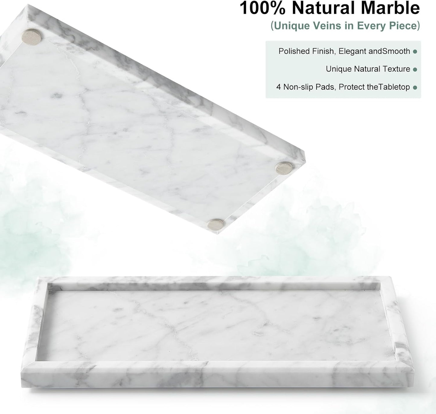 Luxury Natural Small Marble Tray for Bathroom Vanity and Kitchen Sink, Stone Countertop Organizer for Soap Dispenser, Jewelry, Perfume, Candle, Ring, Home Decor, Non-Resin Non-Ceramic