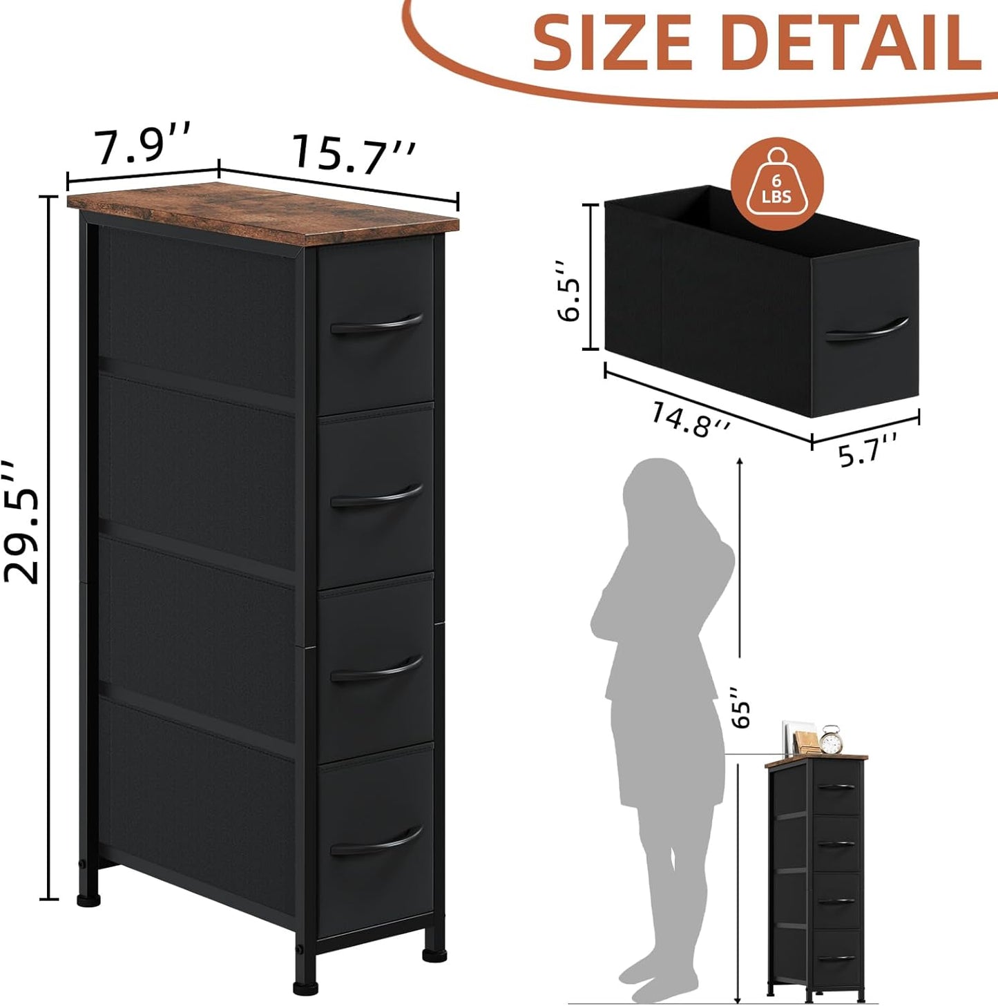 Somdot Narrow Dresser with 4 Drawers, Slim Storage Chest of Drawers with Removable Fabric Drawers for Closet Small Spaces Bathroom Bedroom Laundry, Black Rustic Brown Top