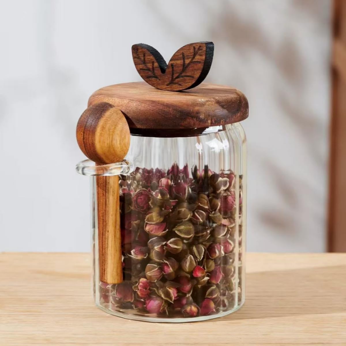 ANSQU 2 Pack Glass Jars with Wooden Lids and Spoons, 20.3oz Food Storage Containers Coffee Jar Coffee Grounds Container, Glass Food Storage Canister