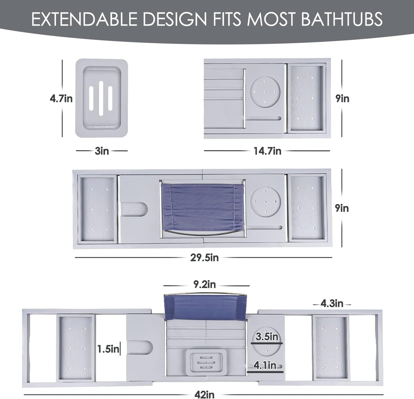 Foldable Bathtub Caddy Tray, Bamboo Bath Tub Tray Table for Tub with Wine Glass Holder Book Phone Tablet Holder with Extending Sides, Adjustable Bathroom Bathtub Free Soap Holder Gift Idea (Grey)