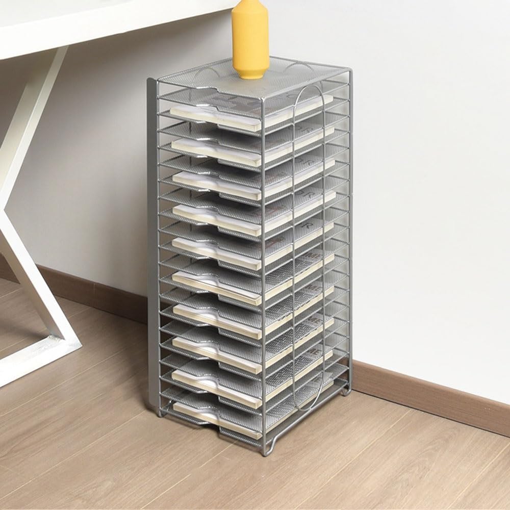 Metal File Stand, Under Desk Paper Organizer with 20 Shelves, Office Accessories and File Holder for Home Office or Study(Silver)