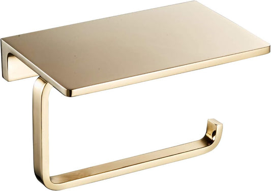 Toilet Paper Holder for Bathroom Solid Brass and Superior Hotel Style Tissue Roll Holder with Cell Phone Storage Gold Finish