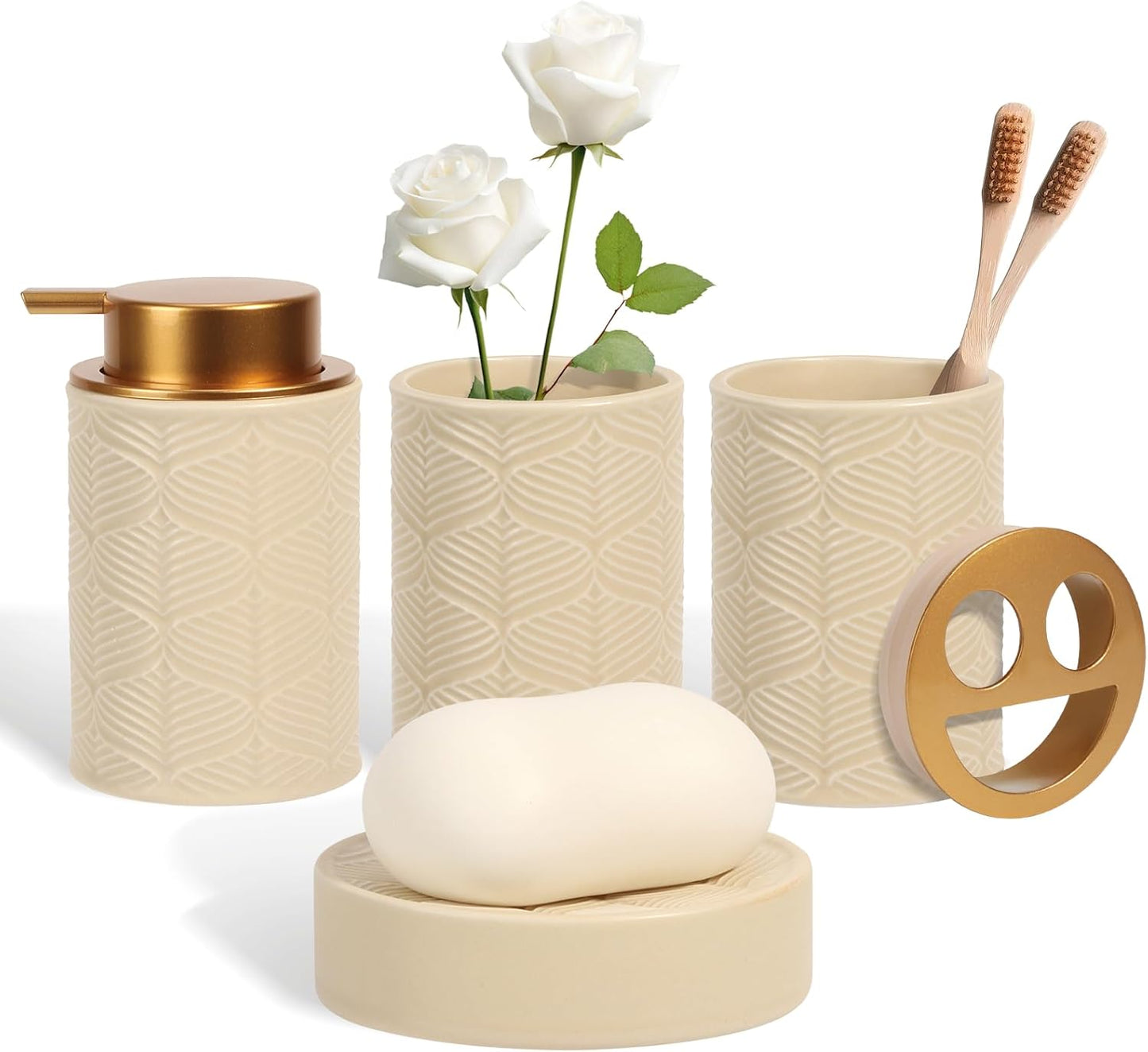 Ceramic Bathroom Accessories Set, 4 Pcs-Includes Lotion Soap Dispenser, Toothbrush Holder, Vanity Tray, and Tumbler, Modern Bathroom Decor Organizer with Soap Dish, Apothecary Jar, Beige Color