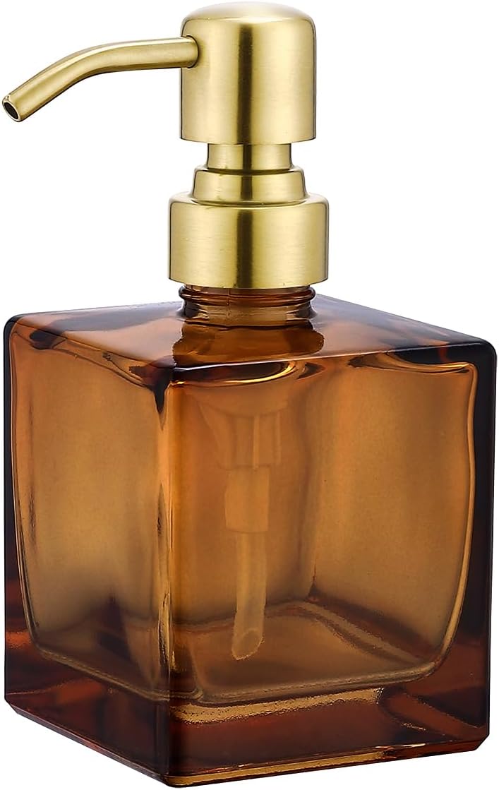 Square Bathroom Soap Dispenser Amber Bottle with Brushed Gold Pump, Retangle Cube 8.4 oz Glass Bottles with Stainless Steel Pump Hand Liquid Soap Dispenser Kitchen
