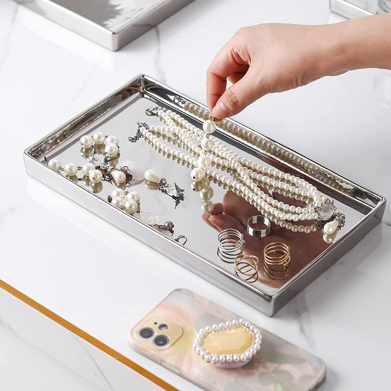 Ceramic Trinket Tray Rectangte Vanity Jewelry Organizer Makeup Mirror Tray Silvery Medium