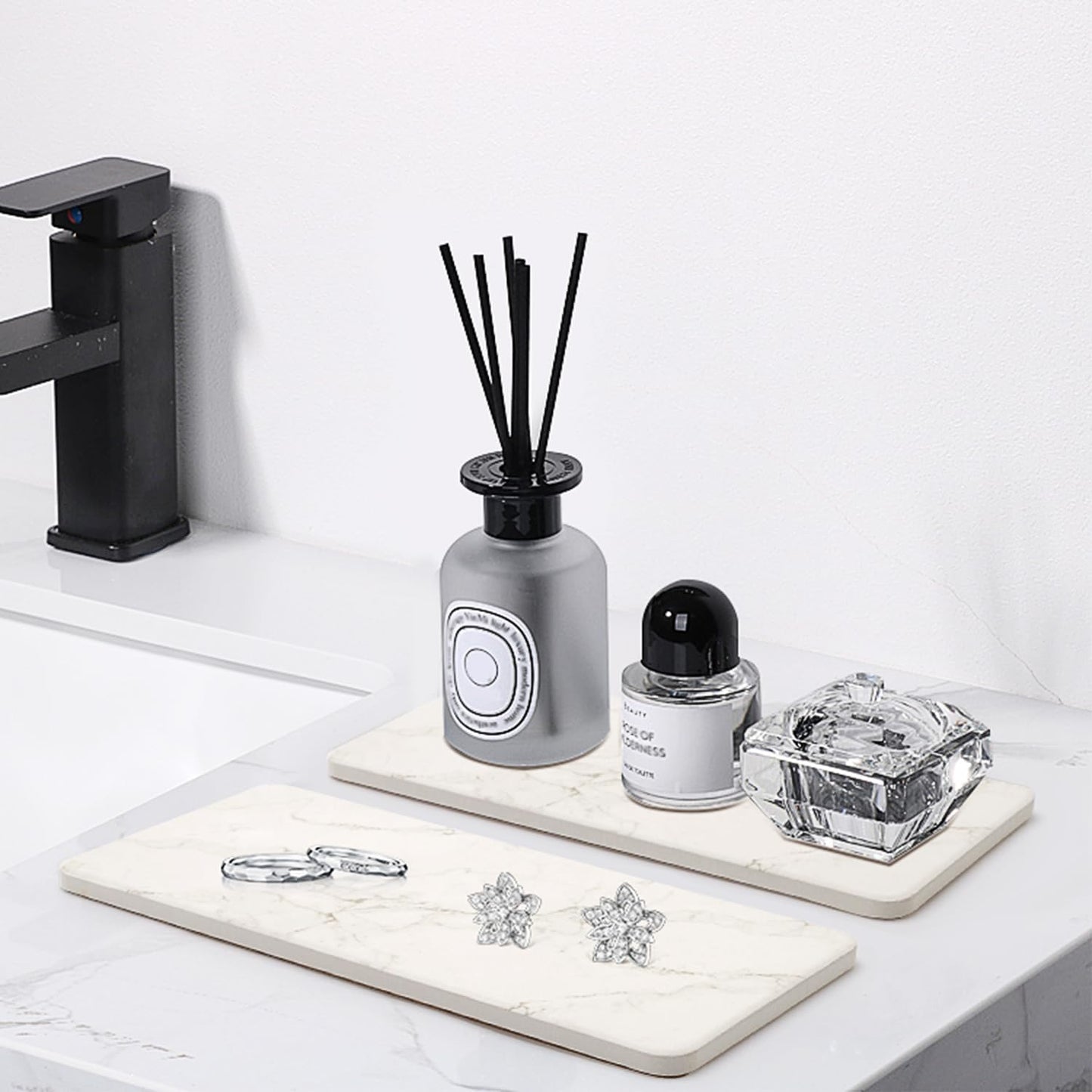 2 Pcs Water Absorbing Stone Drying Trays for Bathroom Sink Kitchen Counter Soap Dish Dispenser Sponge Holder White Ceramic Bathroom Vanity Quick Dry Stone Mat for Kitchen Sink Marble Diatomite Tray