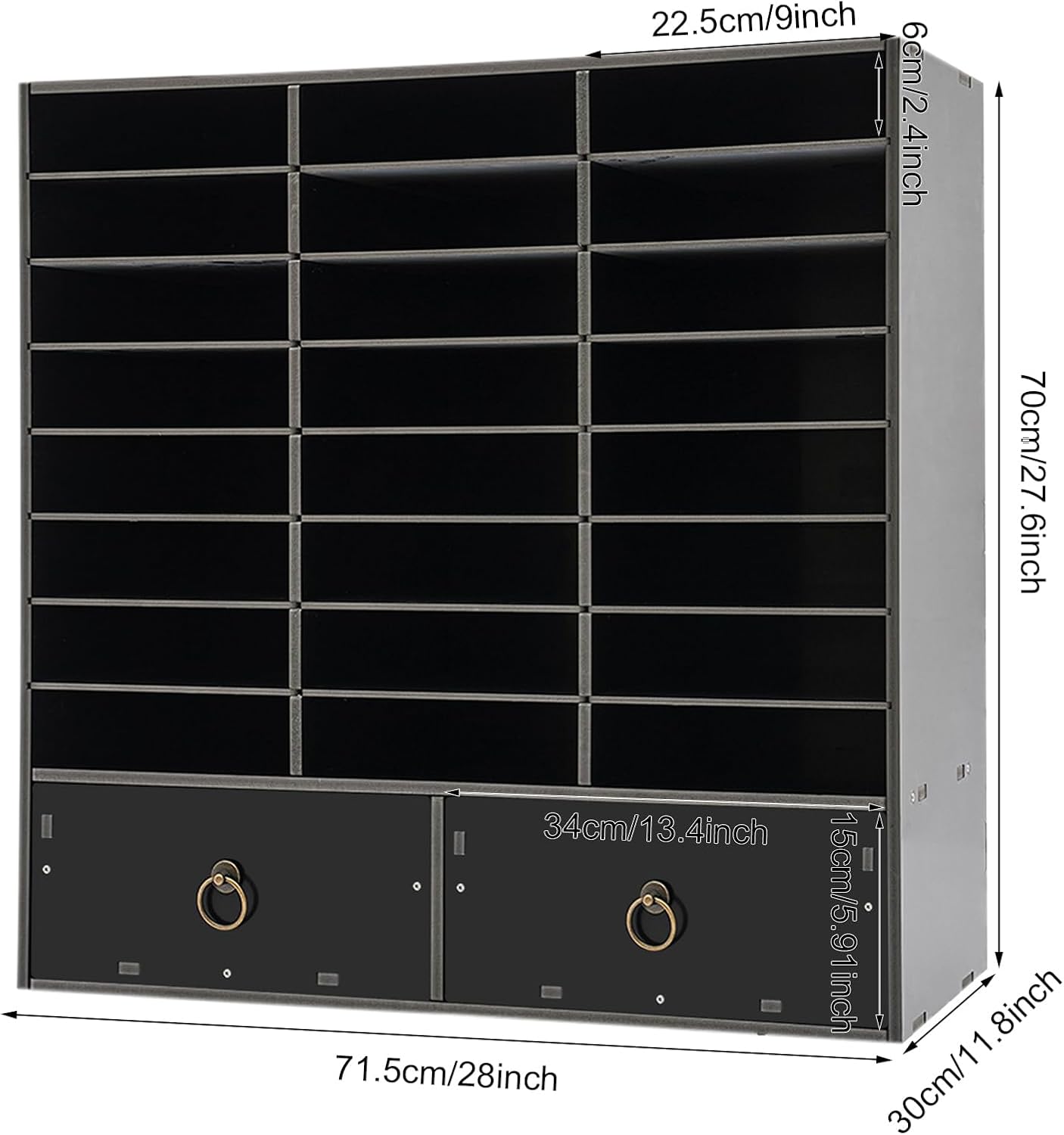 Literature Organizers, Mail Sorter Organizer Adjustable Shelves and 2 Drawers Desktop File Sorter Paper Organizer for Home School Office (Black, 24 Slots with 2 Drawers)