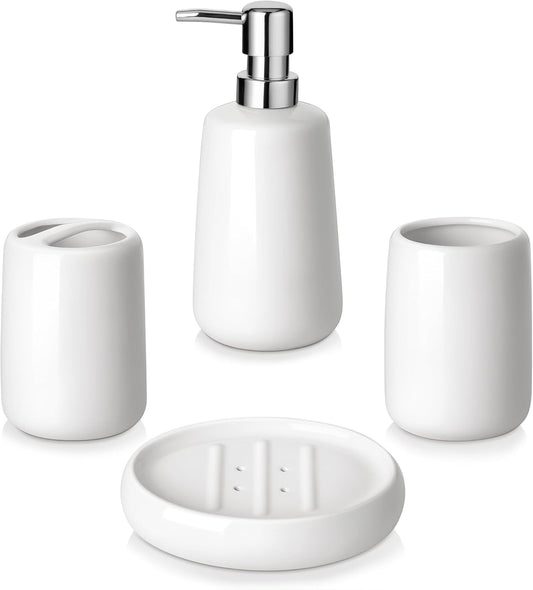 vancasso White Bathroom Accessories Set, Ceramic Soap Dispenser and Toothbrush Holder Sets, Stoneware 4 Pcs Bathroom Sink Set for Modern Home Decor