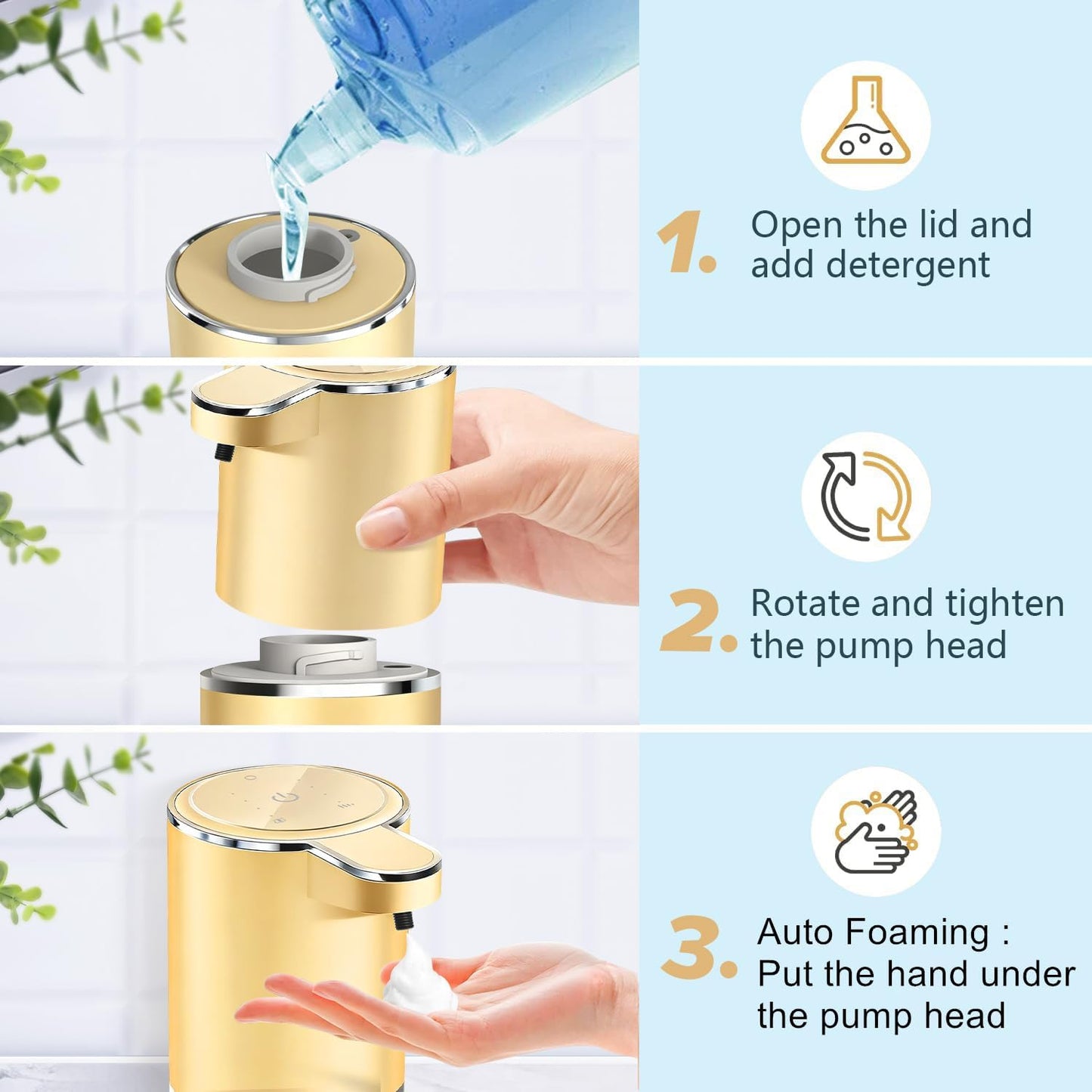 Automatic Foaming Soap Dispenser - Hand Free Pump Touchless Soap Dispenser USB Rechargeable Dispenser with 380ml, 4levels Adjustable Dispenser for Bathroom Kitchen