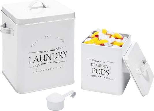 Meraki Home Laundry Detergent Container Set – 2-Pack Detergent Holder with Scoop - Laundry Detergent Sheets and Pods Container - Laundry Room Organization and Storage - Glossy White