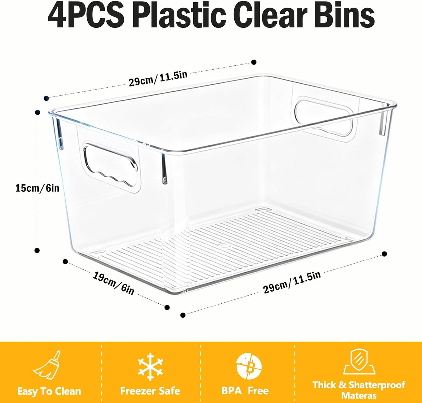Clear Plastic Storage Bins, 4 Pack Pantry Organizers & Storage Containers, Cabinet Organizer, Home Organization Must Haves for Kitchen, Laundry Room, Office, Closet & Freezer