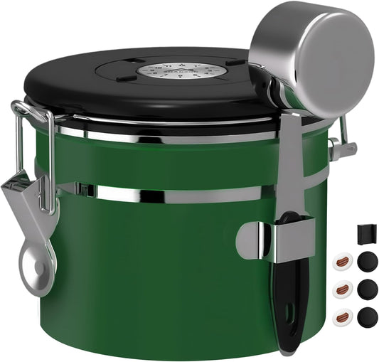 ShanSon Coffee Canister Airtight Coffee Container Stainless Steel Coffee Bean Storage Container with Scoop Coffee Canister for Beans Grounds Sugar Flour Tea Cereal,11OZ, Dark Green