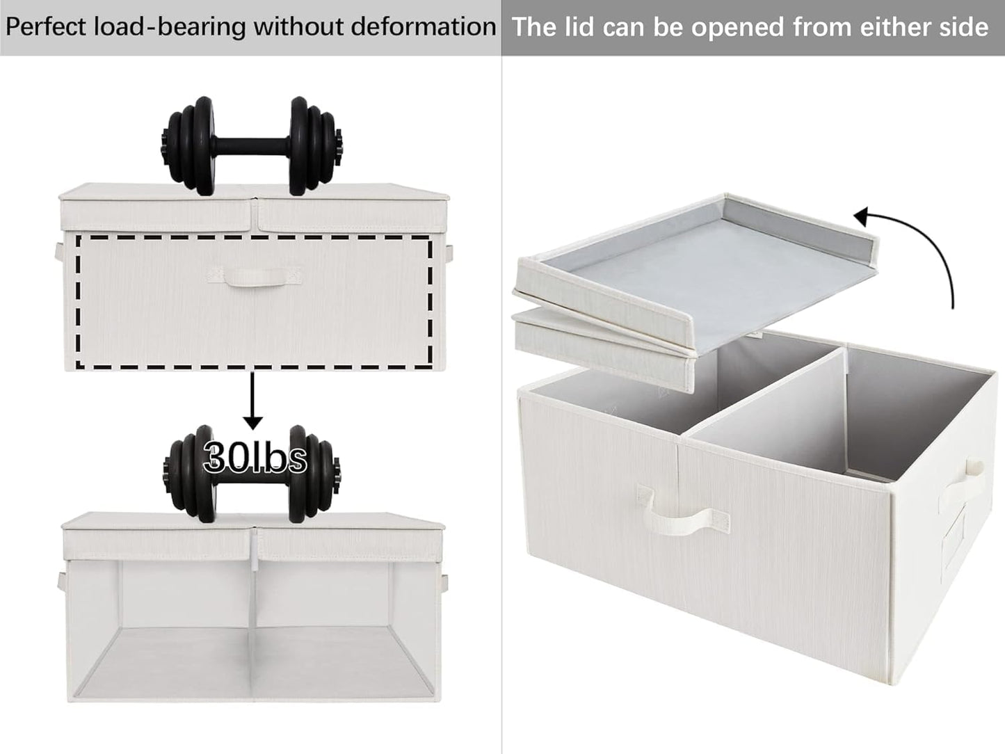 StorageWorks Extra Large Storage Bins with Lids, 55L Decorative Storage Bins with Double-Open Lid and Divider Board, Fabric Bins with Handles, Mixing of Beige, White & Ivory, 2-Pack