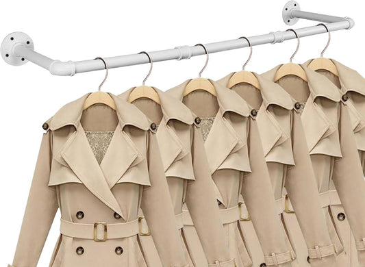 Industrial Iron Pipe Clothes Hanging Bar DIY Wall-Mounted Garment Rack Heavy Duty Clothing Rack for Bedroom, Laundry Room, Closet Storage (White 36 inch)