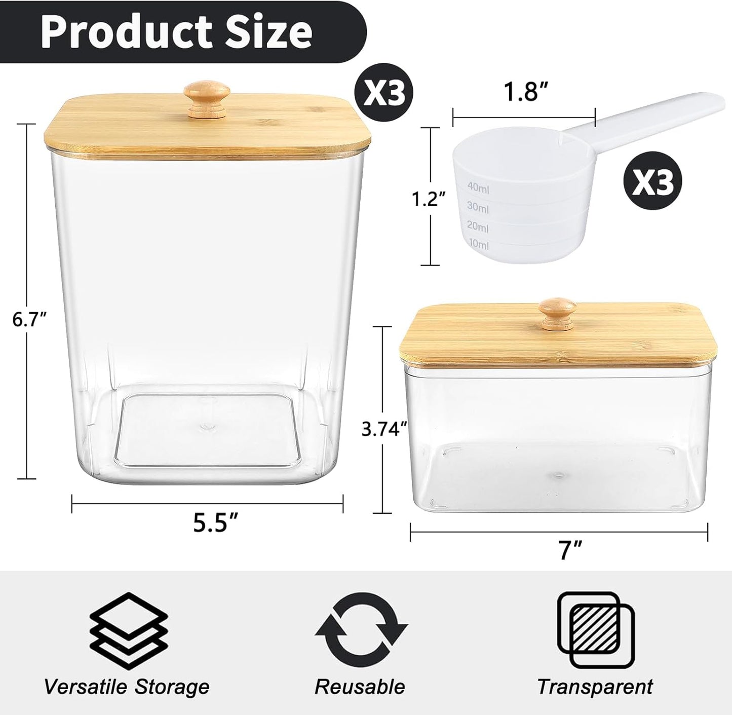 4PCS Laundry Pods Container, Clear Laundry Room Organization and Storage with Bamboo Lids, 3 Premium Scoops & Labels – Ideal for Scent Booster Beads, Dryer Balls, Sheets & Powder