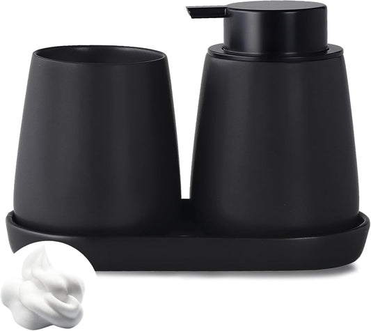 Matte Black Bathroom Accessory Set - 3pcs Ceramic Soap Dispenser Set Vanity Countertop Accessories Set, Includes Refillable Foaming Hand Soap Dispenser, Toothbrush Holder and Tray (Foam Pump)