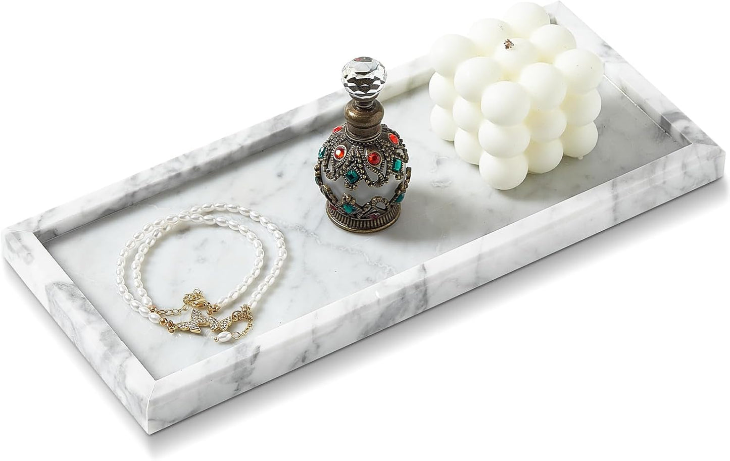 Luxury Natural Small Marble Tray for Bathroom Vanity and Kitchen Sink, Stone Countertop Organizer for Soap Dispenser, Jewelry, Perfume, Candle, Ring, Home Decor, Non-Resin Non-Ceramic