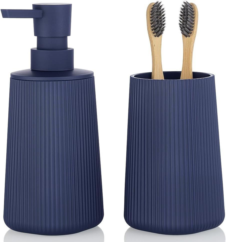 Bathroom Accessories 2 Piece Soap Dispenser and Toothbrush Holder Set Striped Navy Blue