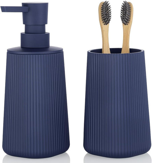 Bathroom Accessories 2 Piece Soap Dispenser and Toothbrush Holder Set Striped Navy Blue