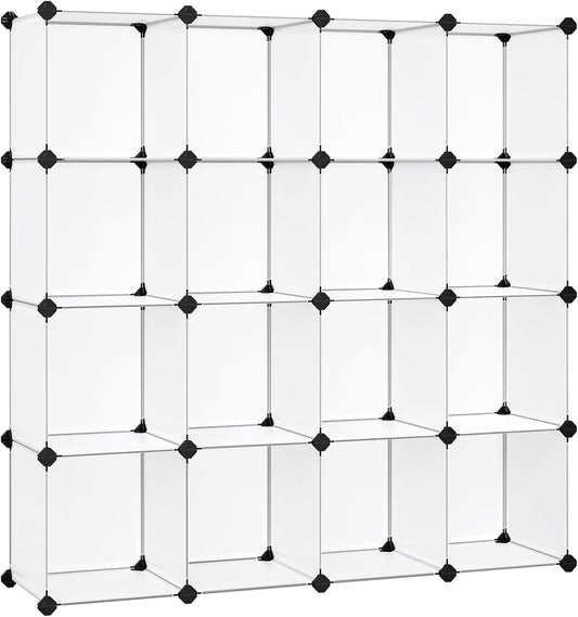 SONGMICS Cube Storage Organizer, Set of 16 Plastic Cubes, Book Shelf, Closet Organizers and Storage, Room Organization, Bedroom Living Room, 12.2 x 48.4 x 48.4 Inches, White ULPC44L