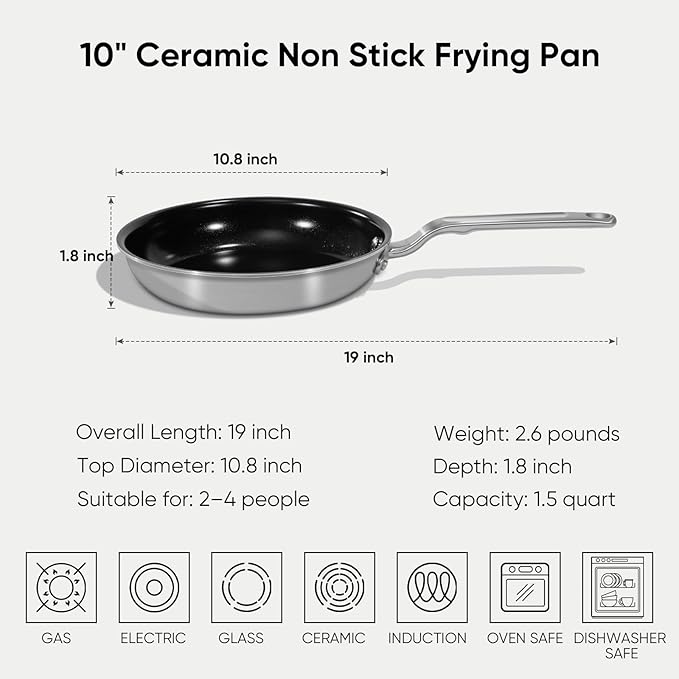 10 Inch Ceramic Non Stick Frying Pans - 5 Ply Stainless Clad Nonstick Skillet, Toxic, PTFE & PFOA FREE, Professional Cookware for Induction, All Stoves and Oven up to 650°F