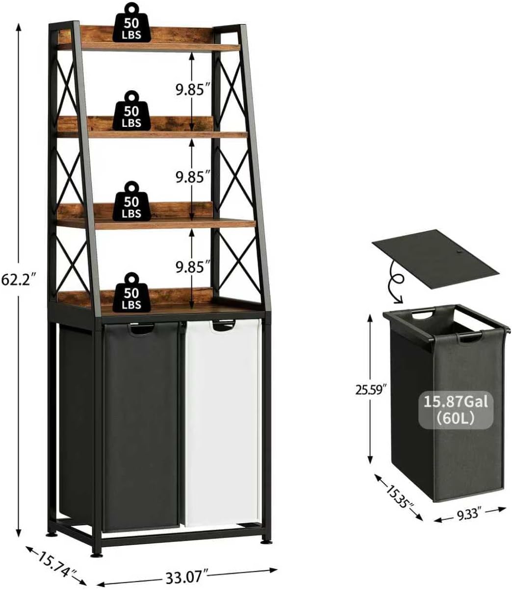 Laundry Basket, 2 Section Laundry Hamper with 4 Tiers Shelf, Pull-Out and Removable Laundry Bags, Large 2 x 15.87 Gallons, for Bedroom Bathroom Rustic Brown PF11XLN