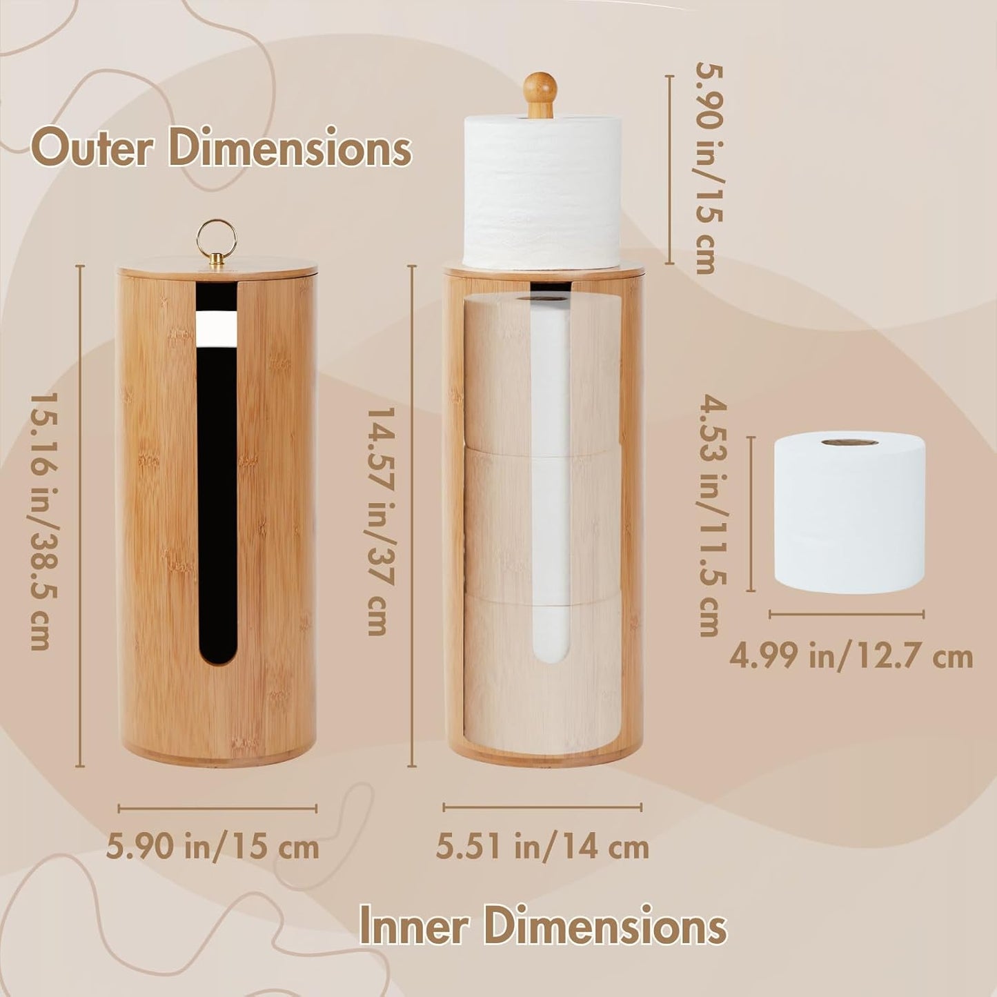 Gobam Bamboo Toilet Paper Storage with Dual-Use Lid, Freestanding Bathroom Tissue Organizer with Viewing Slot, Built-In Handle, Anti-Slip Base, Compact Toilet Paper Holder Stand for up to 3 Mega Rolls