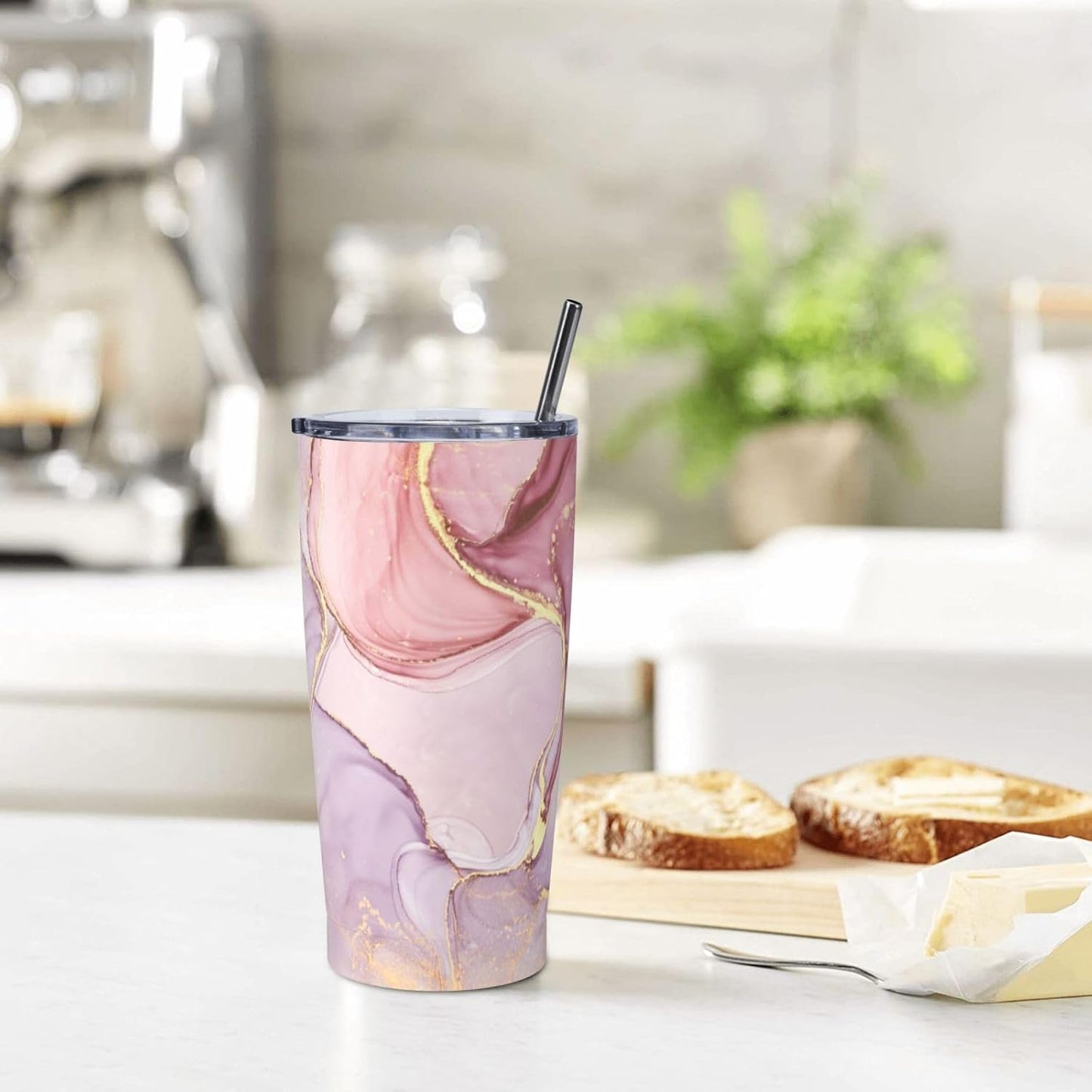 Pink Marble Waves Tumbler Stainless Steel Insulated Tumblers with Lid Straw Reusable Marbling Stone Coffee Travel Mug Tea Drinking Wine Smoothie Cups Birthday Gifts for Women 20 Oz
