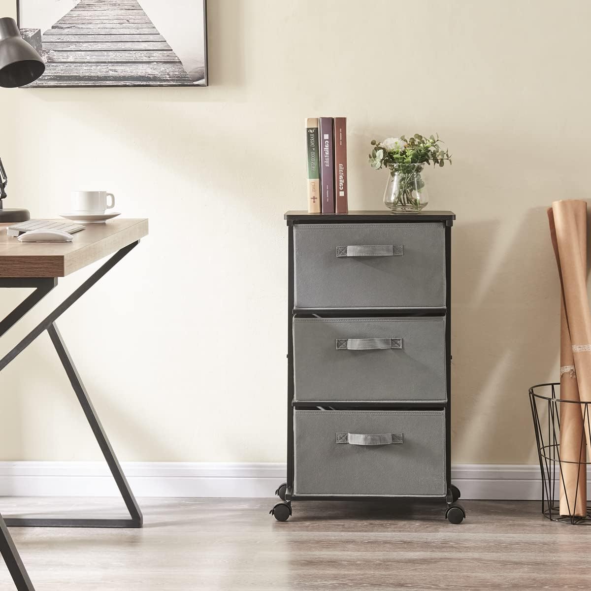 MAX Houser Dresser Tower with 3 Drawers for Bedroom, Fabric Storage Organizer Unit, Chest of Drawers with with WoodTop, Small Vertical Storage for Guest Room, Closet, Entryway, Nursery (Grey)
